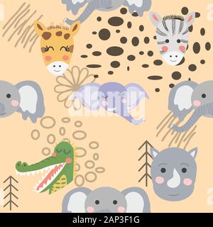 Cartoon niedlichen Tier Stammesgesichter. Boho niedlichen Tiere Muster Stock Vektor