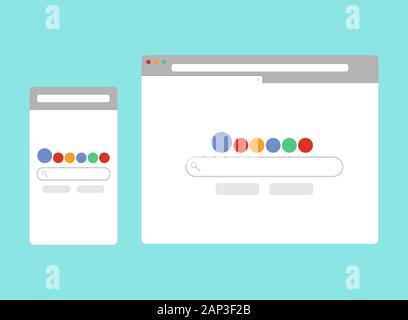 Satz flacher leeres Browserfenster für unterschiedliche Geräte. Reaktionsschnelle, Seite, templateVector. Computer und Handy Größen. Eps 10. Stock Vektor