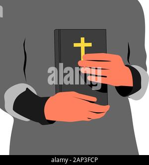 Priester, die Bibel in den Händen, Nahaufnahme des Buches. Blauen Hintergrund. Flache Vector Illustration Stock Vektor