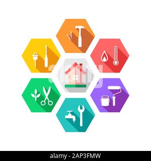 Instandhaltung und Facility Management Konzept mit Haus und Werkzeuge um ihn herum. Bunte flache Bauform mit langen Schatten in Hexagon-form. Stock Vektor