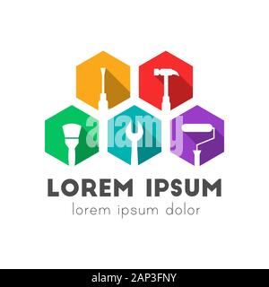 Aufbau, der Reparatur und Wartung logo Konzept mit Werkzeug Symbole. Bunte flache Bauform mit langen Schatten. Stock Vektor