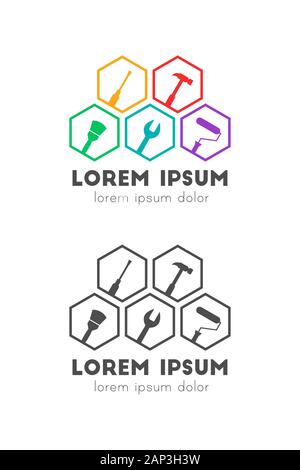 Tools wie Logo Konzept. Symbole in Hexagon-form gekippt. Stock Vektor