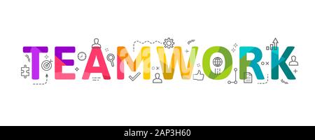Teamwork Konzept als word-Schriftzug in bunten Low-poly-Design mit verwandten dünne Linie Symbole. Kreative Vector Illustration auf weißem Hintergrund Stock Vektor