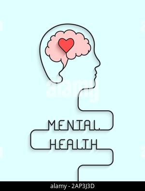 Psychische Gesundheit Konzept mit Kopf, Gehirn und Herz Silhouette Stock Vektor