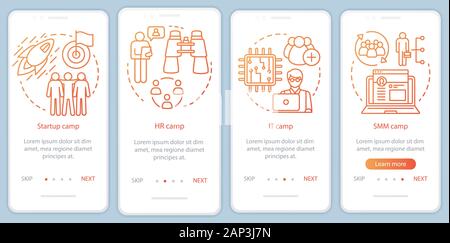 Anlauf, Firma camps Onboarding mobile App Seite Bildschirm vektor Vorlage. Team Building, HR Ausbildung. Exemplarische Vorgehensweise website Schritte mit linearen illustrati Stock Vektor