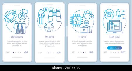 Anlauf, Firma camps Onboarding mobile App Seite Bildschirm vektor Vorlage. Team Building, HR Ausbildung. Exemplarische Vorgehensweise website Schritte mit linearen illustrati Stock Vektor