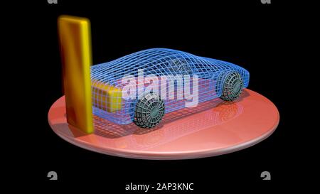 Elektroauto 3D-Rendering von Elektroautos, die über eine große, leuchtende gelbe Batteriesteckdose aufgeladen werden Stockfoto