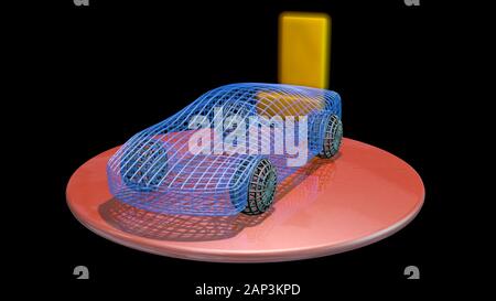 Elektroauto 3D-Rendering von Elektroautos, die über eine große, leuchtende gelbe Batteriesteckdose aufgeladen werden Stockfoto