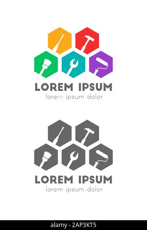 Bunte Werkzeuge als Logo Konzept. Symbole in Hexagon-form gekippt. Stock Vektor