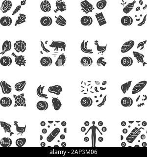 Vitamine Glyphe Symbole gesetzt. A, C, D, E, K, B natürliche Nahrungsquelle. Vitamin Pille, komplex, Cocktail. Obst und Gemüse. Die richtige Ernährung. Mineralien, ein Stock Vektor