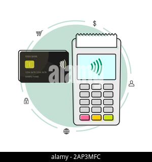 Das kontaktlose Bezahlen mit Karte, POS-Terminal und die zugehörigen Symbole Stock Vektor