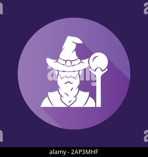 Assistent lila flache Bauweise lange Schatten glyph Icon. Zauberer und Magier in hat. Alter weiser Mann, fantasy Druide. Märchen Hexenmeister mit Bart. Halloween Kosten Stock Vektor