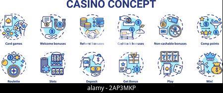 Casino Konzept Symbole gesetzt. Online Glücksspiele und Boni Idee dünne Linie Illustrationen. Spielautomaten, Kartenspiele, Roulette. Glücksspiel. Vektor Isola Stock Vektor