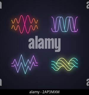 Schallwellen Neon Licht Symbole gesetzt. Audio Wellen. Musik Frequenz. Voice Line, überlappende Schallwellen. Herzrhythmus, Beat, Puls. Abstrakte Digitale wavefo Stock Vektor