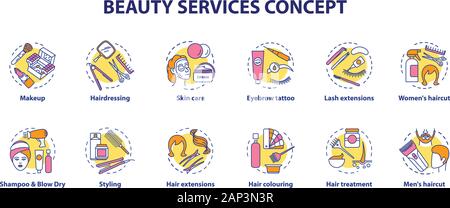 Beauty Services Konzept Symbole gesetzt. Beauty Salon, SPA Gesichtspflege Hautpflege verfahren Idee dünne Linie Illustrationen. Frisur und Make-up. Vektor isoliert Stock Vektor