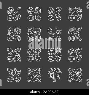 Vitamine chalk Symbole gesetzt. A, C, D, E, K, B natürliche Nahrungsquelle. Vitamin Pille, komplex, Cocktail. Obst, Gemüse. Die richtige Ernährung. Mineralien, António Stock Vektor