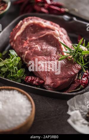 Rindfleisch ribe Eye Steak in der Grillpfanne mit Rosmarin oregano Salz Pfeffer Gewürze Knoblauch und Tomaten Stockfoto