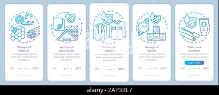 Wasserdichte Ausrüstung, Bekleidung Onboarding mobile App Seite Bildschirm mit linearen Konzepten. Unempfindlich gegen Feuchtigkeit Gadgets walkthrough Schritte Grafik instructio Stock Vektor