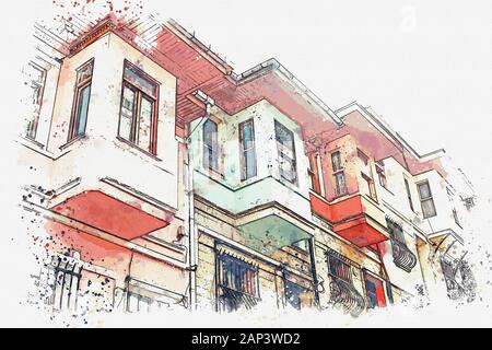 Aquarell Skizze des alten traditionellen Apartment Gebäude in der balat Bezirk von Istanbul in der Türkei. Stockfoto