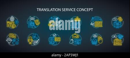 Translation Service neon Light Concept Icons einstellen. Fremdsprache Übersetzung Idee. DTP-Dienstleistungen und Korrekturlesen. Leuchtende Zeichen mit Alphabet, Anzahl Stock Vektor