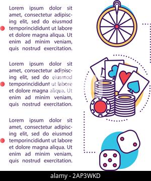 Glücksspiel Artikel Seite vektor Vorlage. Casino, Glücksspiele. Fortune Wheel, Poker und Wetten. Broschüre, Zeitschrift, Broschüre Design mit linearen Symbole Stock Vektor