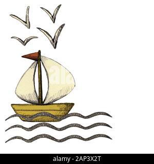 Hand gezeichnet Bleistift texturierte Schiff. Kinder drucken Stockfoto