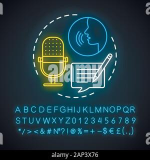 Transkription Neon Licht Konzept Symbol. Audiodateien Umwandlung in Text Format Idee. Fremdsprache Anwendung. Leuchtende Zeichen mit Alphabet, Zahlen Stock Vektor