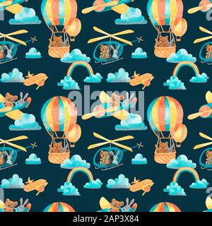Aquarell Muster Luftverkehr Hase und Bär. Stockfoto