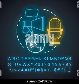 Wahlen Neon Licht Konzept Symbol. Propaganda. Die Freiheit der Rede Idee. Meinungen ausdrücken, Gedanken frei. Leuchtende Zeichen mit Alphabet, Zahlen und s Stock Vektor