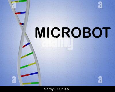 3D-Abbildung: MICROBOT script mit DNA-Doppelhelix, auf blauen Gradienten isoliert. Stockfoto
