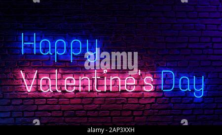 Happy Valentine's Tag schreiben im Neonlicht Form, Rosa und Blau, auf der Mauer. 3D-Darstellung. Stockfoto