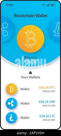 Blockchain wallet smartphone Schnittstelle vektor Vorlage. Mobile App Seite weiß und blau design Layout. Cryptocurrency Veranstalter Bildschirm. Flachbild-UI für App. Stock Vektor