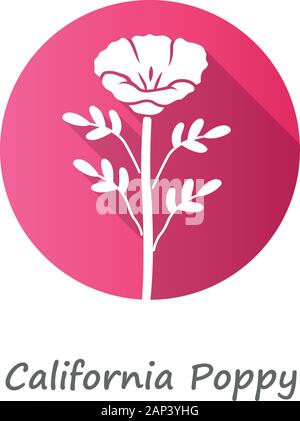 Kalifornischer Mohn rosa flache Bauweise lange Schatten glyph Icon. Papaver rhoeas mit Namen Inschrift. Mais stieg blühenden Wildblumen. Krautigen Pflanzen. Fiel Stock Vektor