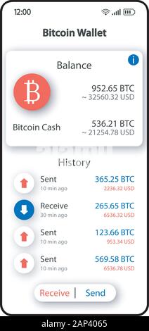 Bitcoin wallet smartphone Schnittstelle vektor Vorlage. Mobile App Seite weiß Design Layout. Cryptocurrency Veranstalter Bildschirm. Flachbild-UI für die Anwendung. Mo Stock Vektor