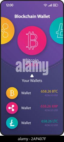 Blockchain Brieftaschen manager smartphone Schnittstelle vektor Vorlage. Mobile App Seite violet Design Layout. Cryptocurrency Balance. Flachbild-UI für Appl Stock Vektor