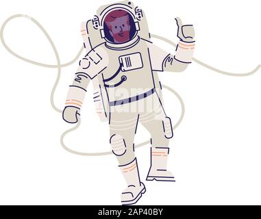 Astronaut im Raumanzug floating Flachbild Vector Illustration. Männliche Kosmonauten, Raumfahrer fliegen in Schwerelosigkeit und zeigen ok Zeichen isoliert Cartoon c Stock Vektor