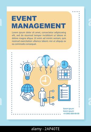 Event Management poster Vorlage, Layout. Corporate Partei Planung event Industrie. Banner, Broschüre, Faltblatt drucken mit linearen Symbolen. Vektor Broschüre p Stock Vektor