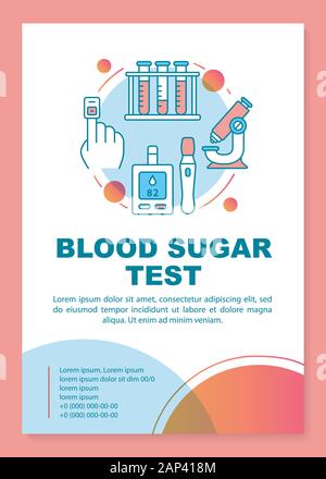 Blutzuckertest Broschüre Vorlage, Layout. Flyer, Prospekt Print Design, lineare Abbildungen. Zuckerkranke Patienten im Gesundheitswesen. Vektor Seitenlayouts für ma Stock Vektor