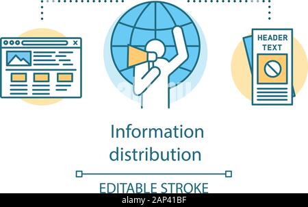 Informationen Distributionskonzept Symbol. Friedlichen Widerstand, Propaganda, dünne Linie Abbildung. Aktivist mit Megaphon, Flyer und Browserfenster Stock Vektor