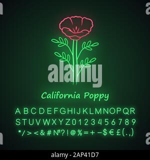 Kalifornischer Mohn Neonlicht Symbol. Papaver rhoeas mit Namen Inschrift. Mais stieg blühenden Wildblumen. Krautigen Pflanzen. Feld common Poppy. Glühende Stock Vektor