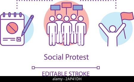 Sozialer protest Konzept Symbol. Öffentliche Demonstration, Regierung manifestation Idee dünne Linie Abbildung. Die Demonstranten mit Plakaten, Notepad und activis Stock Vektor