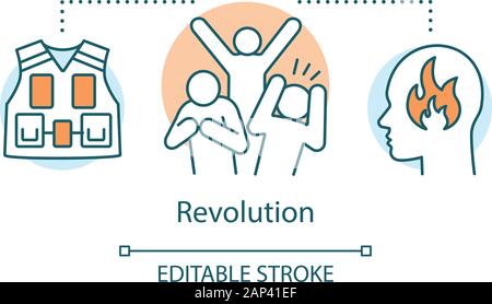 Revolution Konzept Symbol. Unruhen, aggressiven Widerstand Idee dünne Linie Abbildung. Angry Mob, Revolutionär und Weste Vektor isoliert Umrisse dr Stock Vektor