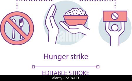 Hungerstreik Konzept Symbol. Freiwillige Essen verweigern, gewaltfreien Protestes Idee dünne Linie Abbildung. Geschirr mit STOP-Schild, Reis und Demonstrant v Stock Vektor