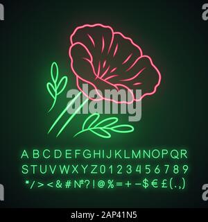 Kalifornischer Mohn Neonlicht Symbol. Papaver rhoeas. Mais stieg blühenden Wildblumen. Krautigen Pflanzen. Feld common Poppy. Sommer blühen. Glühende Alphab Stock Vektor
