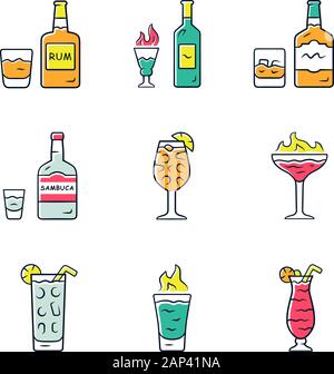 Getränke Farbe Symbole gesetzt. Rum, Absinth, Whisky, Sambuca, Sangria, flammenden Cocktail und erschossen, hurricane Glas, highball Glas. Alkoholische Getränke, die für Stock Vektor