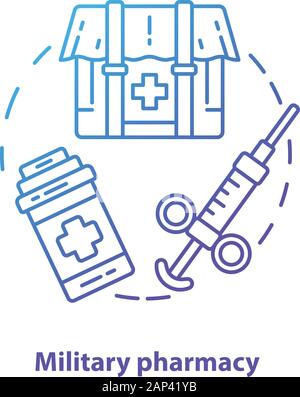 Apotheke Konzept Symbol. Militärische gewickelt und die Behandlung von Krankheiten Idee dünne Linie Abbildung. Feld Medikation. Combat Zone Medizin und medizinische Geräte. Stock Vektor