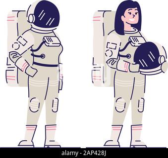 Astronautin mit integralhelm Vector Illustration. Lächelnd Kosmonauten, Space Explorer holding Helm isoliert Comicfigur auf weißem Hintergrund Stock Vektor