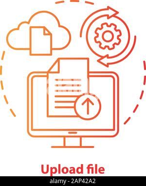 Datei hochladen red Konzept Symbol. Datenübertragung Idee dünne Linie Abbildung. Herunterladen und Cloud Computing. File Sharing. Cloud Web Storage, Ordner. Ve Stock Vektor