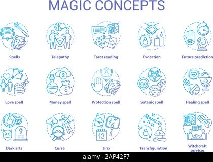 Magic Konzept Symbole gesetzt. Okkultismus, Zauberei und Hexerei Idee dünne Linie Illustrationen. Verschiedene Zaubersprüche und Alchemie Zaubertränke. Wahrsagerei und Divin Stock Vektor