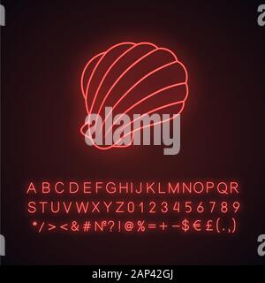 Sea Shell Neonlicht Symbol. Marine Muschel Muschel. Schutzschicht für Tier. Tropische Souvenir. Unterwasser Fauna. Leuchtende Zeichen mit Alphabet, Stock Vektor